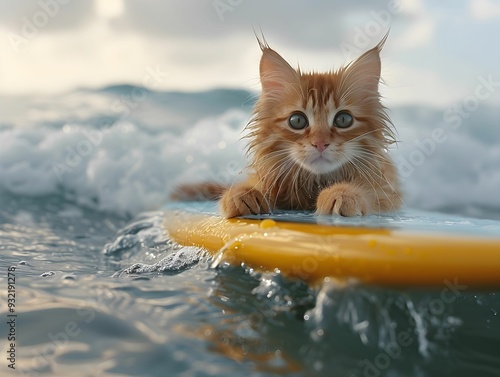 A cat surfing on a colorful board in the ocean during a sunny day photo