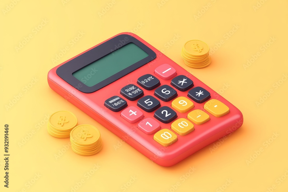 Red Calculator and Gold Coins on Yellow Background - A red calculator with gold coins symbolizing financial planning, budgeting, savings, wealth, and money management. Red Calculator and Gold Coins on Yellow Background - A red calculator with gold coins symbolizing financial planning, budgeting, savings, wealth, and money management.