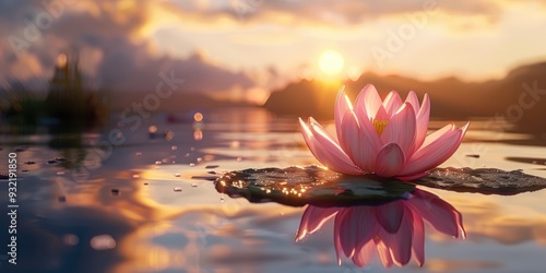 A single pink lotus flower floating peacefully in a calm lake, surrounded by its reflection, with the warm sunset casting a serene glow on the water.