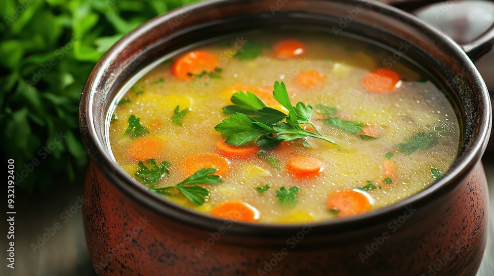 Close-up of a hearty, wholesome soup simmering with fresh, nourishing vegetables and herbs in a rustic pot Close-up of a hearty, wholesome soup simmering with fresh, nourishing vegetables and herbs in a rustic pot