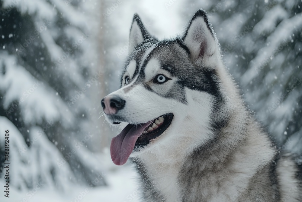 Alert husky in snowy forest with tongue out Alert husky in snowy forest with tongue out