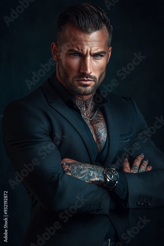 Photograph of a muscular man with a handsome face, confident posture, serious expression, wearing a black suit with the collar of his shirt open to reveal tattoos on his chest and arms,  photo