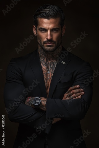 Photograph of a muscular man with a handsome face, confident posture, serious expression, 