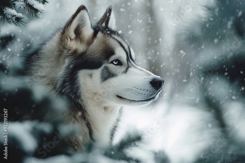 Husky dog in snowy forest, sharp gaze amidst falling flakes