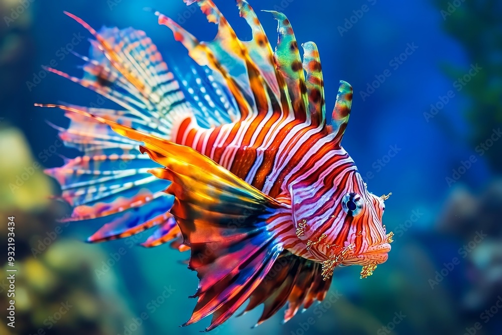 Vibrant Lionfish with Striking Colors and Patterns - A close-up of a colorful lionfish, its red, orange, yellow, and blue stripes and fins stand out against a blue background, symbolizing beauty, dive Vibrant Lionfish with Striking Colors and Patterns - A close-up of a colorful lionfish, its red, orange, yellow, and blue stripes and fins stand out against a blue background, symbolizing beauty, dive