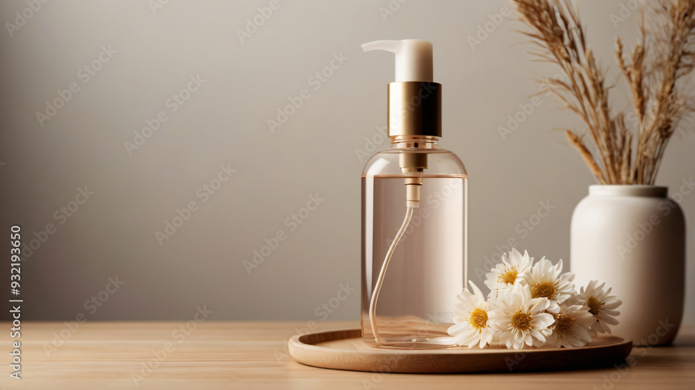 mockup of an empty body essence bottle, on a beige wooden table with a clean white background mockup of an empty body essence bottle, on a beige wooden table with a clean white background