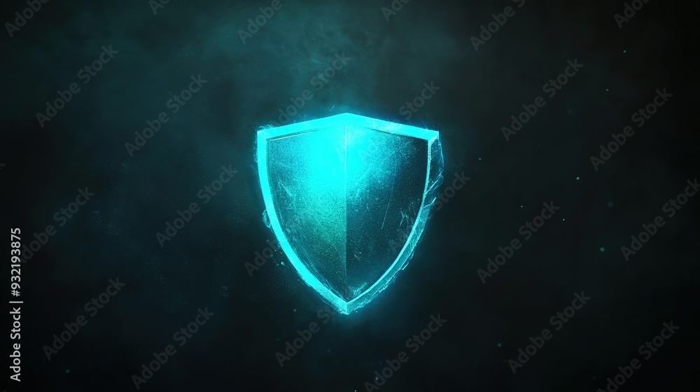 Fototapeta premium Glowing blue shield emblem on a dark background with a mystical effect