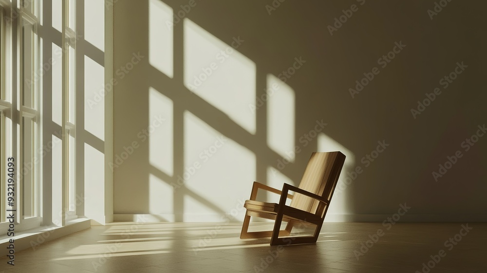 A wooden chair in a sunlit room with shadows on the wall during the afternoon A wooden chair in a sunlit room with shadows on the wall during the afternoon