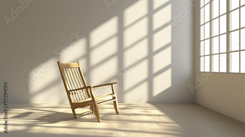 A wooden rocking chair in a bright room with large windows casting shadows