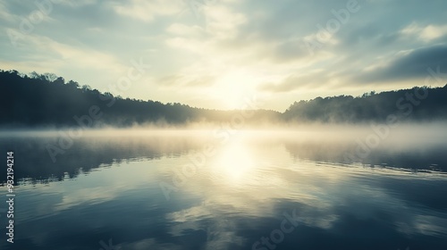 Early morning mist over a calm lake surrounded by trees at sunrise