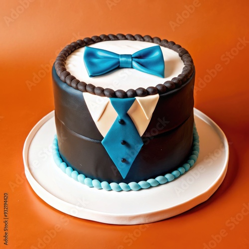 Elegant cake designed to look like a tuxedo against an orange background. Generative AI photo