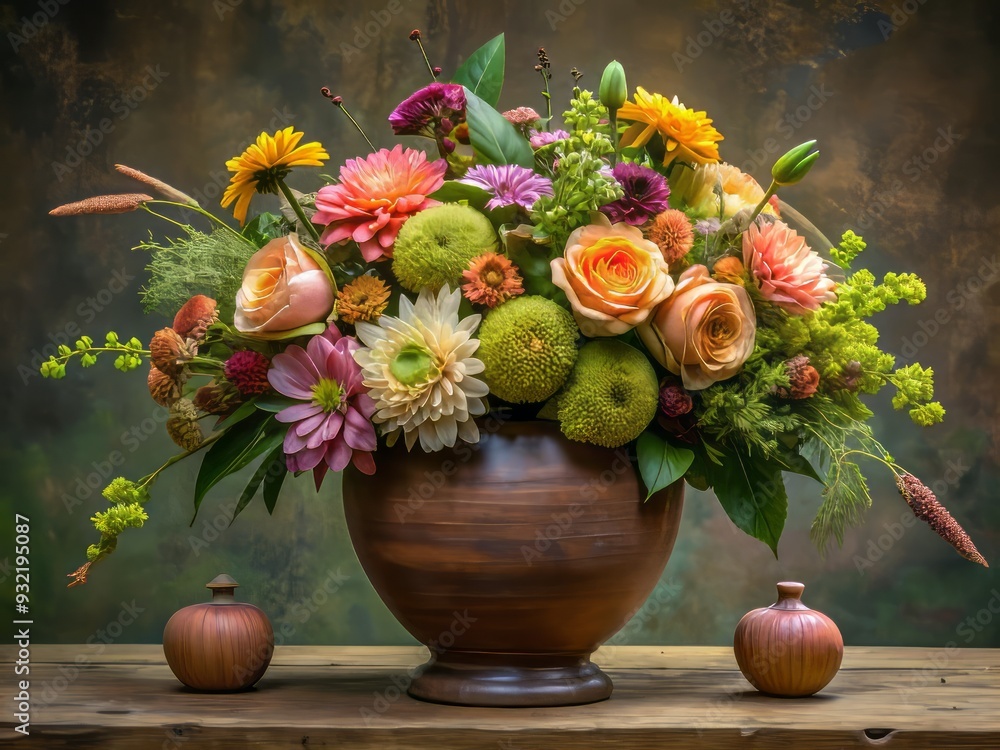 Obraz premium A serene arrangement of flowers in a ceramic urn showcases Eastern-inspired asymmetry, detailed petals in earthy tones, and a sense of understated elegance.