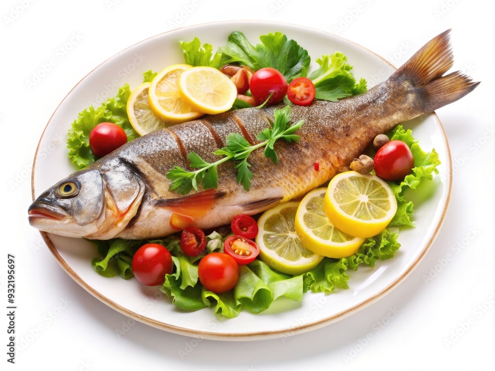 Delicious cooked fish served with fresh salad and lemon slices on a white plate. Generative AI Delicious cooked fish served with fresh salad and lemon slices on a white plate. Generative AI