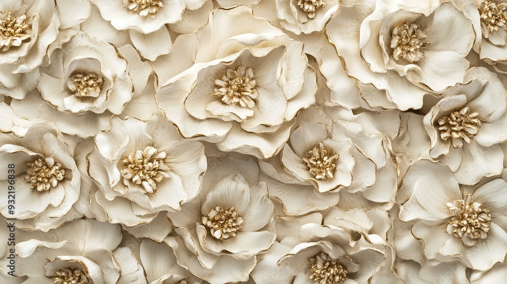 Beautiful arrangement of delicate cream flowers with gold accents displayed as wall decor in a bright setting Beautiful arrangement of delicate cream flowers with gold accents displayed as wall decor in a bright setting
