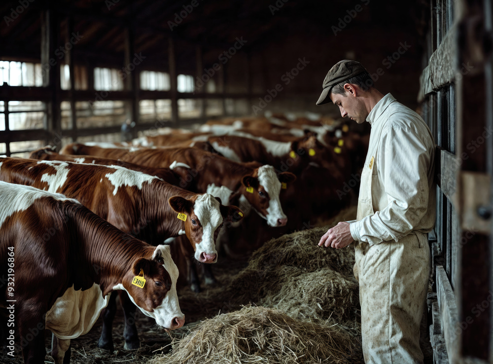 Farmer watching over cows eating hay in barn