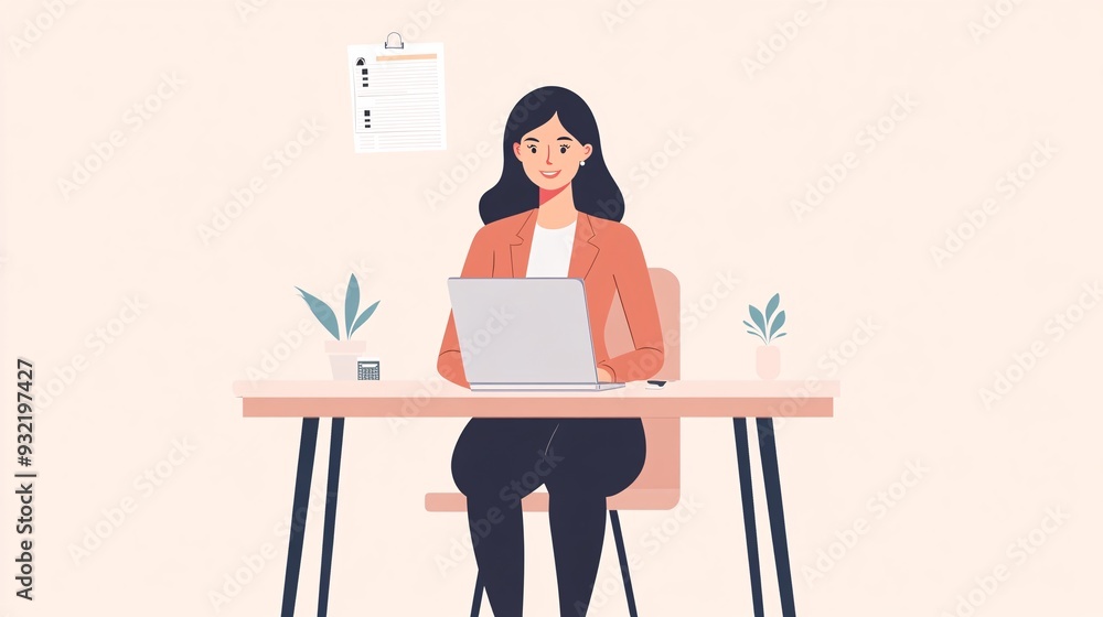 A confident human resources manager sitting at a desk, reviewing employee files with a laptop open, light solid color background A confident human resources manager sitting at a desk, reviewing employee files with a laptop open, light solid color background