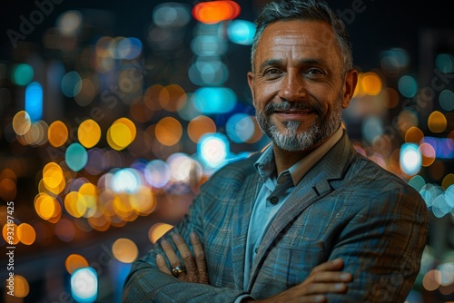 Confident businessman with arms crossed looking at camera with city lights bokeh background