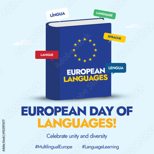 European Day of Languages. 
26th Sept European languages day celebration banner with a book, speech bubbles of langue, lengua, sprache. The day aims to promote the rich linguistic diversity of Europe.