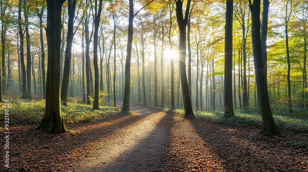 Naklejka premium Sunlight filtering through trees on a serene forest path during autumn morning