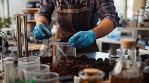 A close-up of an industrial ecologist examining samples of soil and water in a lab, with scientific equipment around