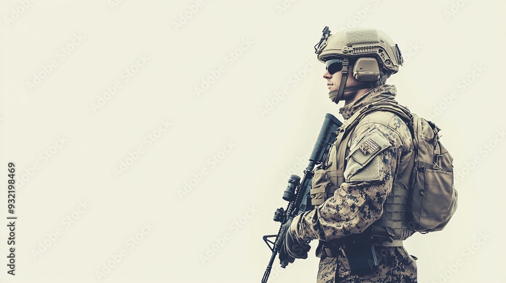 A focused infantry soldier in tactical gear, standing at ease with a rifle slung over the shoulder, set against a light solid color background A focused infantry soldier in tactical gear, standing at ease with a rifle slung over the shoulder, set against a light solid color background