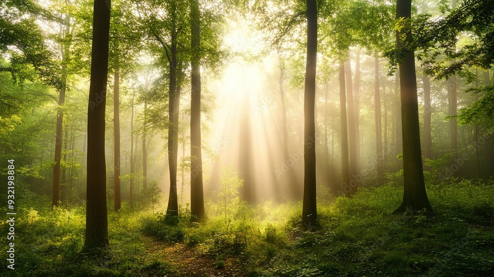 Obraz premium Sunlight beams filtering through tall trees in a serene forest at dawn