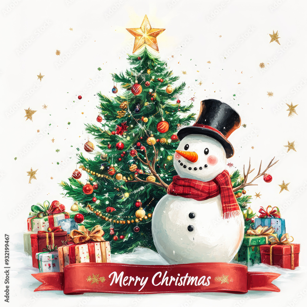 Fototapeta premium Snowman standing by christmas tree with wrapped presents