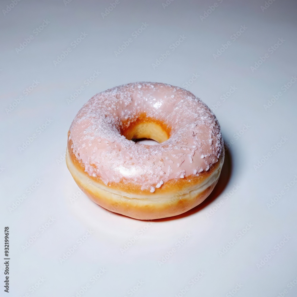 Juicy pink-frosted donut on a plain white background. Generative AI Juicy pink-frosted donut on a plain white background. Generative AI