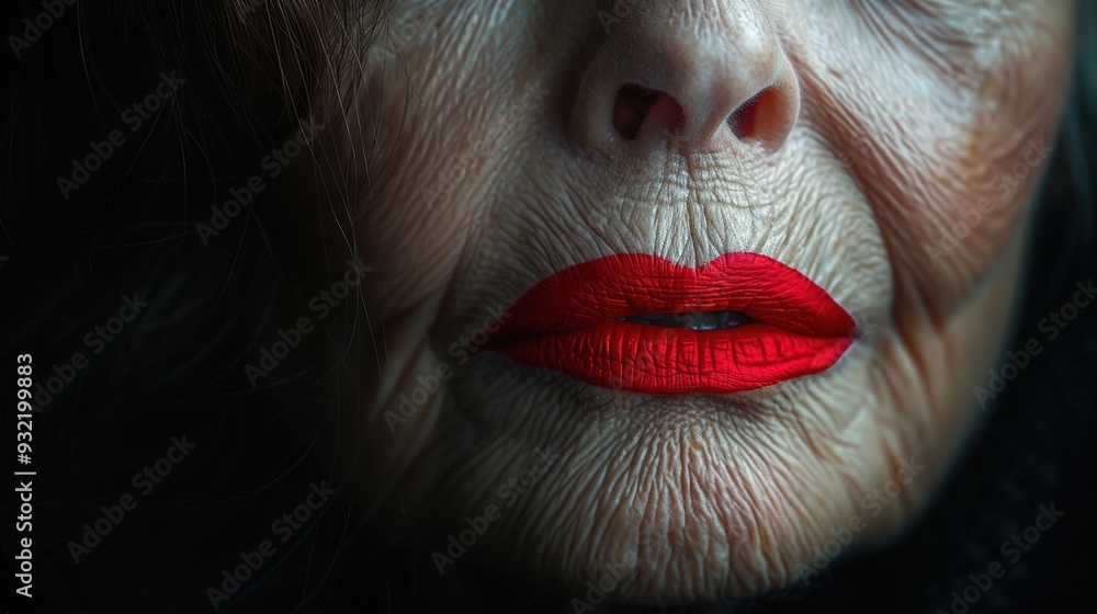 the lips of an old wrinkled woman are painted with red lipstick Close-up the lips of an old wrinkled woman are painted with red lipstick Close-up