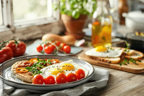 Tasty english breakfast with sausages, eggs, vegetables on the table