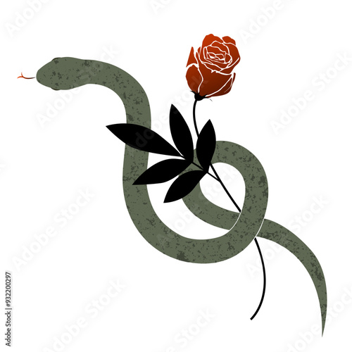Snake wraps around rose flower. Beautiful graphic illustration