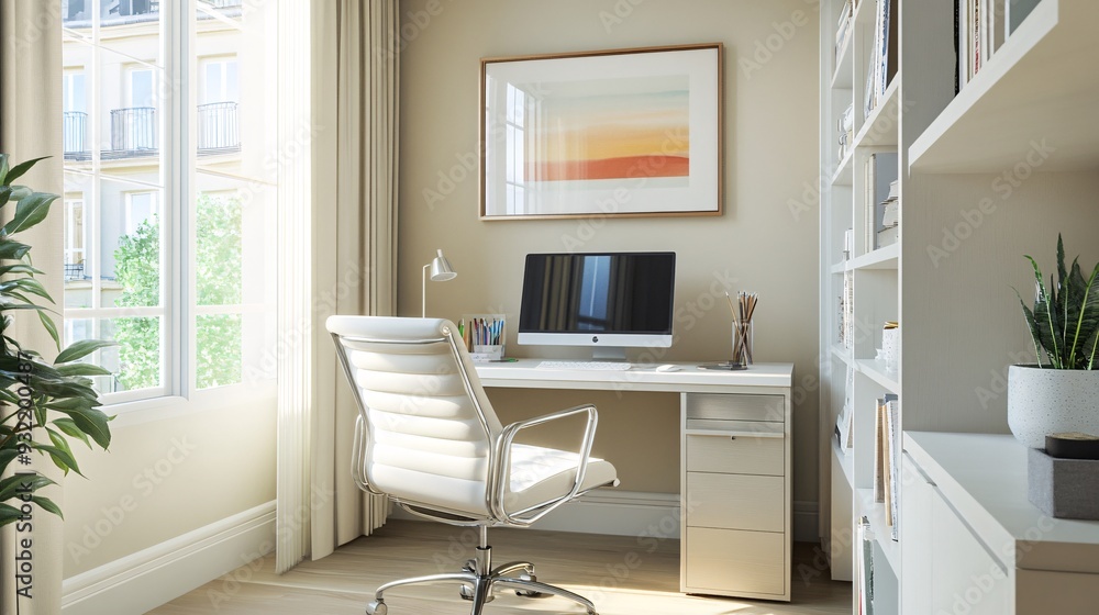 An elegant workspace featuring a stylish desk, ergonomic chair, and inspiring decor elements with a light color palette An elegant workspace featuring a stylish desk, ergonomic chair, and inspiring decor elements with a light color palette