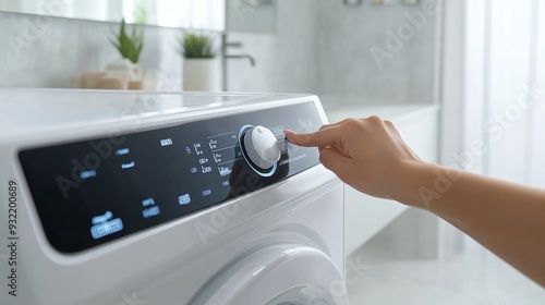 cropped image of a woman using a button on a control panel to manually turn on an automatic washing machine or choose a program in a white bathroom of a contemporary home. photo