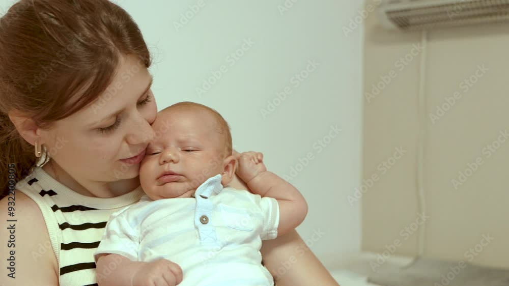 Close up portrait of mother and newborn baby. Mother is tenderly holding her newborn son in her arms. Talks to him and kisses baby. Happy motherhood, love and care of mother. slow motion Close up portrait of mother and newborn baby. Mother is tenderly holding her newborn son in her arms. Talks to him and kisses baby. Happy motherhood, love and care of mother. slow motion