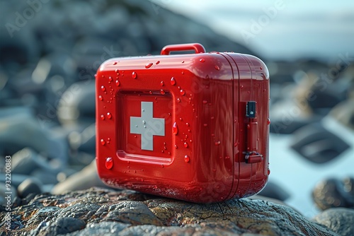 A red box with a cross on it is sitting on a rock