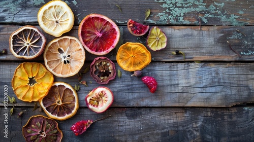 Assorted dehydrated fruits on an aged wooden surface