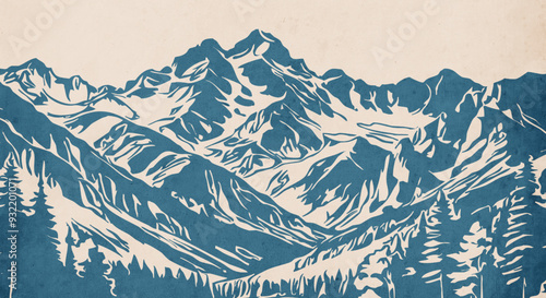 Mountain landscape. Vector graphics. Logo design for use in graphics. T-shirt print, tattoo design. Minimalist illustration for printing on wall decorations. Vintage grunge old .