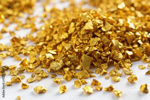 Flakes of gold foil scattered on a white background for artistic use. Generative AI
