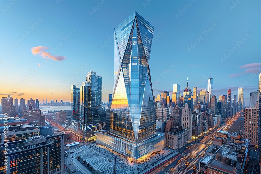 Obraz premium A city skyline with a tall building in the middle