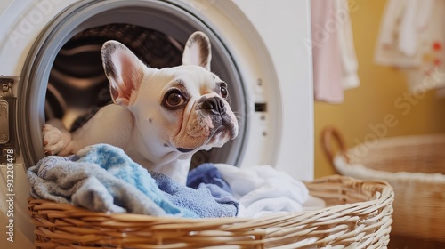 The French bulldog is loading dirty clothes into the electric washer.