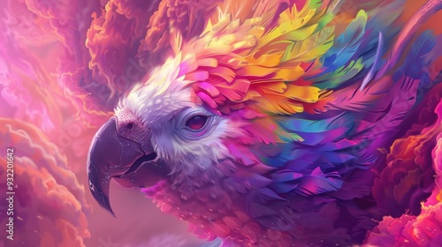 Vibrant Cloudbird, a majestic creature with colorful plumage emerges from swirling clouds, radiating fantasy and whimsy in a dreamlike atmosphere. photo