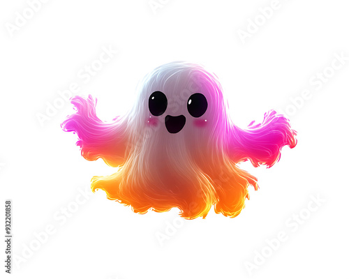 A cute, friendly, and colorful ghost with glowing pink and orange hues. It has large eyes and a happy smile. photo