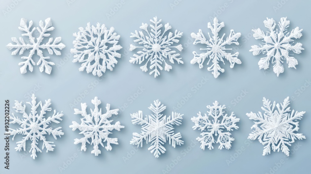 Cluster of snowflakes with frosty textures, flat , realistic style, white and silver, detailed composition Cluster of snowflakes with frosty textures, flat , realistic style, white and silver, detailed composition
