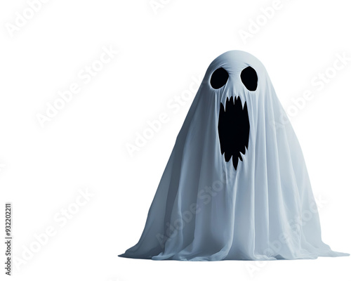 A white ghost with a gaping mouth and hollow eyes, isolated on a black background.