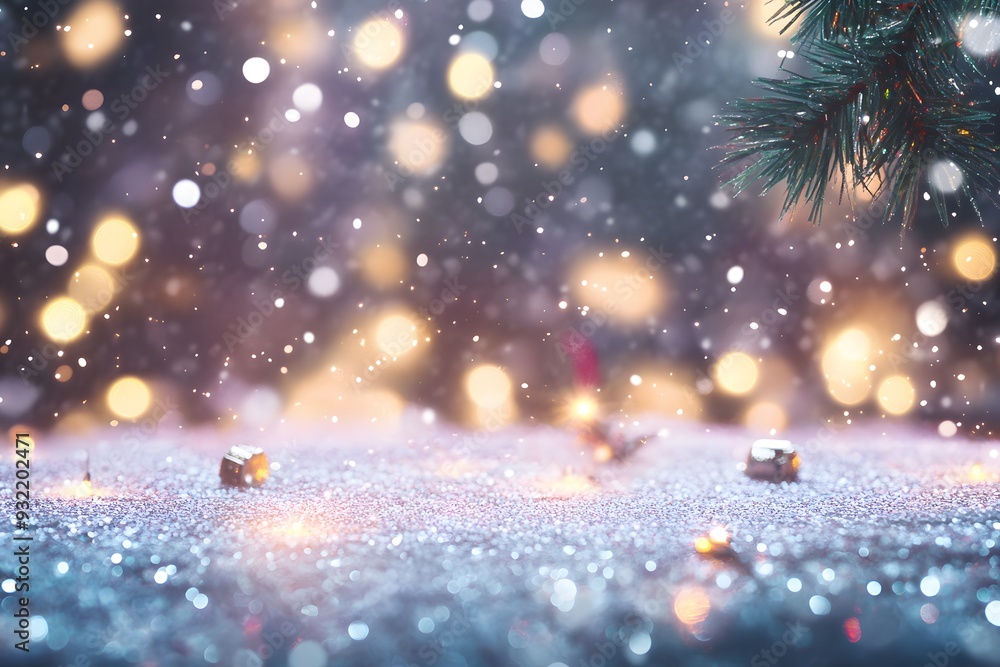 Snowflakes fall gently over a glittering surface near a Christmas tree. Generative AI Snowflakes fall gently over a glittering surface near a Christmas tree. Generative AI