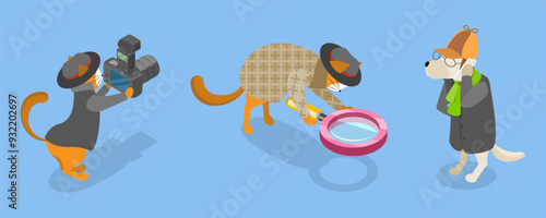 3D Isometric Flat Vector Illustration of Funny Pet Detectives, Crime Investigating