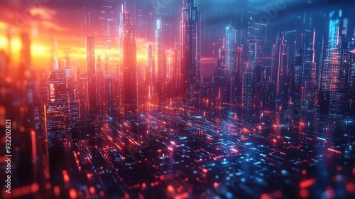 Wallpaper Mural holographic cityscape merging with abstract stock chart data streams flowing between buildings futuristic financial district Torontodigital.ca