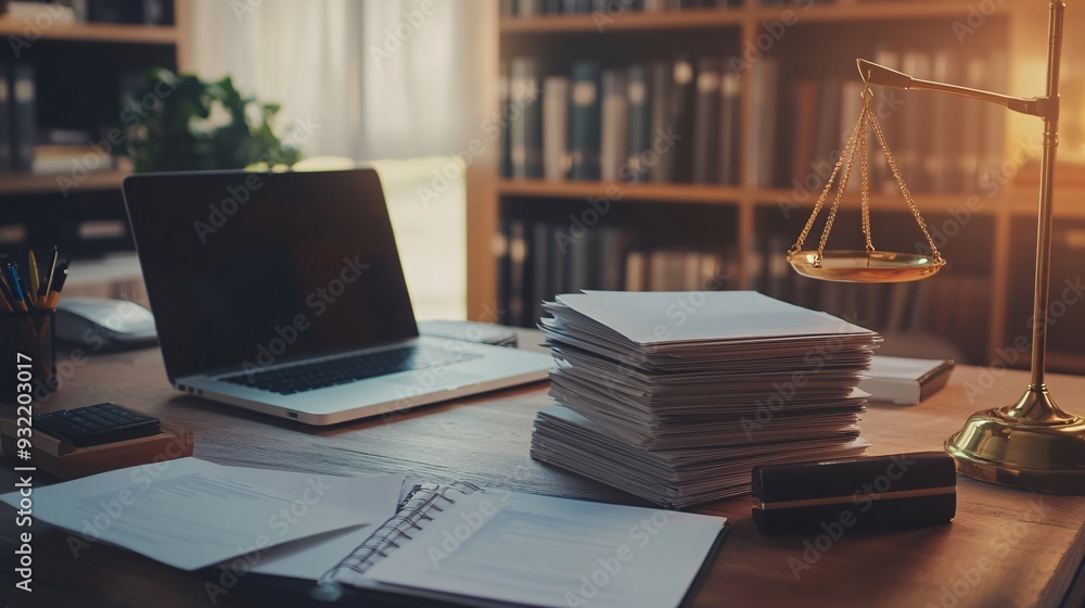 A legal secretary organizing files on a desk with a laptop open, showcasing a clean and professional workspace