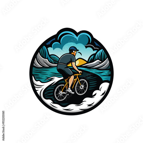 Illustration of a man on a bicycle riding down a wave in a mountainous landscape.