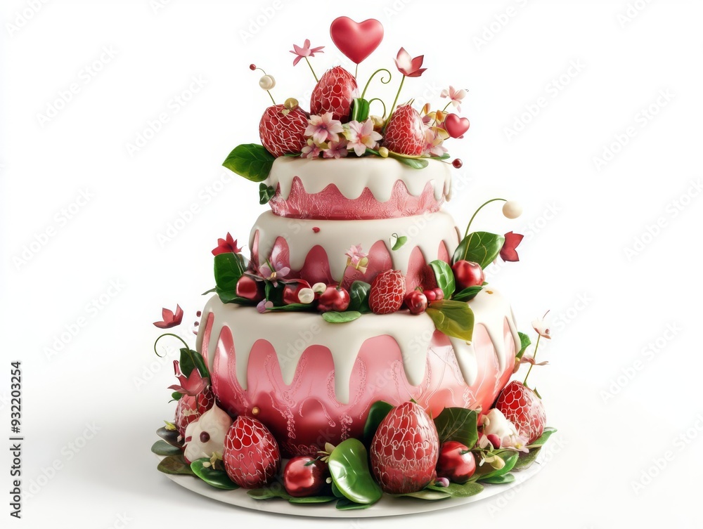 Whimsical cake, detailed fantasy elements, white background, 3D illustration Whimsical cake, detailed fantasy elements, white background, 3D illustration